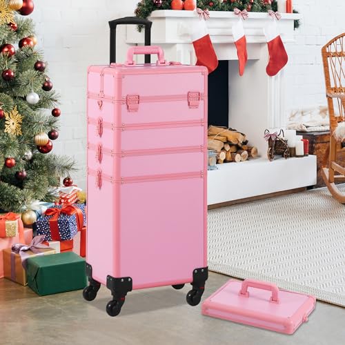 Somduy Rolling Makeup Train Case with Detachable Compartments, Pink
