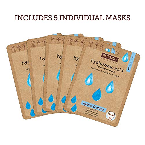 Naturally - Hydrating Hyaluronic Acid Sheet Mask for Dry Skin ? Deep Moisturizing & Soothing Spa Facial Treatment, Hydrating Face Mask Set, 5 Sheet Masks Included