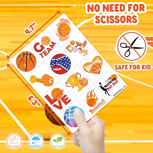 96 PCS Basketball Sports Pre-Cut Temporary Tattoos for Kids | Super Cute Basketball Themed Birthday Party Favors, Supplies, Decorations, Fake Tattoo Stickers, School Rewards & Gifts for Boys & Girls
