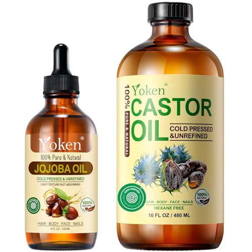 Jojoba Oil 4oz & Castor Oil 16oz Set: Both in Glass Bottle, 100% Pure & Natural, EWG Verified, Cold Pressed, Virgin, Hexane Free - Best Carrier Oils Hair Oils Facial Oils, Hydrating & Nourishing