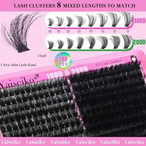 Lash Clusters 100D+200D Thick Eyelash Clusters 12-25mm Wispy Individual Mega Volume Lashes D C Cluster Eyelash Extensions 280Pcs DIY Lash Extension at Home, by Yaiseiko(Plant Fiber)