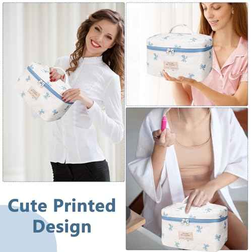 Large Makeup Bag, Cute Cosmetic Bag for Women Girls, Floral Coquette Aesthetic Toiletry Bag, Travel Make Up Organizer Bag (White Blue Butterfly Flower)