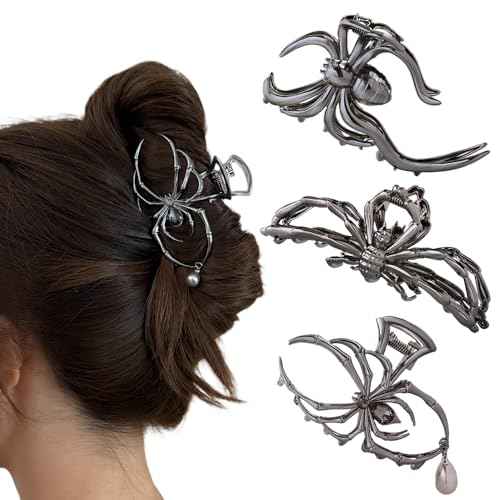 Halloween 3PCS Spider Hair Claw Clips Hair Accessories for Women Girls, Gothic Black Metal with Pearl Charms Large Medium Size Catch Clips for thick Hair Styling Tool Holiday Gifts(Black Gun)