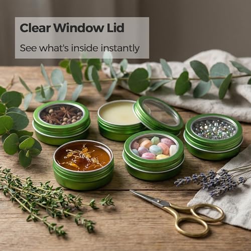 24 Pack 2 oz Green Aluminum Tins with Clear Lids & Labels