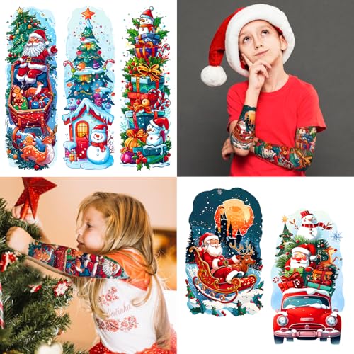 Leesgel 36 Sheets Christmas Full Arm Temporary Tattoos for Kids, 10Pcs Snowy Santa Claus Deer Sleeve Fake Tattoos, 320 Styles Christmas Themed Party Tattoos Stickers for Boys Girls
