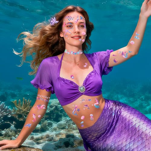 HOWAF 4 PCS Summer Face Tattoos, Mermaid Face Sticker Flower Shell Temporary Tattoos Stickers for Fish Mermaid Costume Carnival Halloween Costume Women