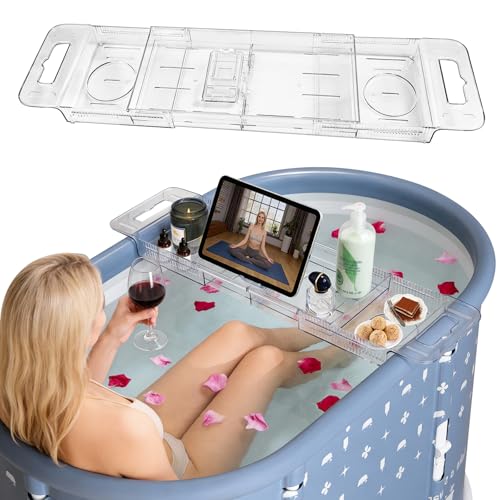 Foldable Bathtub Tray, Expandable to 80cm Acrylic Bath Tray for Tub, Bath Tub Tray Shower Storage Rack, Bath Table Trays for Bathtub (Transparent Bathtub Tray)