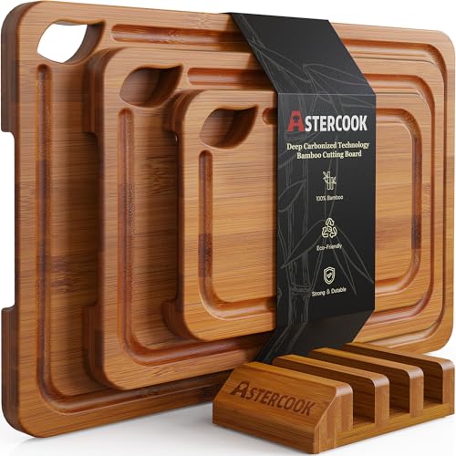 Astercook Bamboo Cutting Board Set with Storage Stand & Juice Grooves
