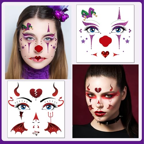 HOWAF Halloween Full Face Tattoos Stickers,Halloween Clown Costume Face Art Temporary Tattoos with Clown Face Spider Webs, Bats, Skeletons for Horror Party Decor, Halloween Black Red Face Tattoos