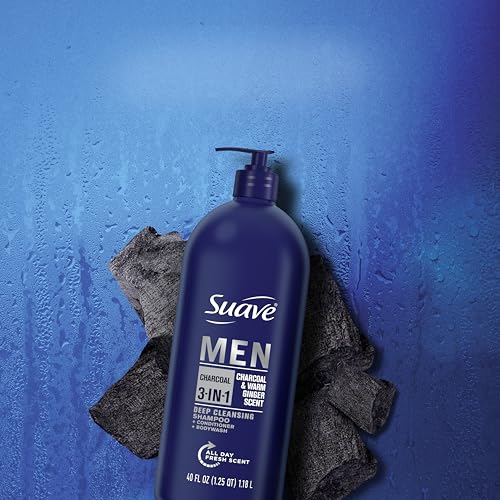 Suave Men 3-in-1 Charcoal Shampoo Conditioner Body Wash, 40 oz (Pack of 3)