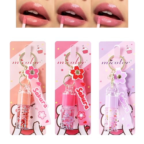 Petansy Keychain Lip Glosses Set, Girls Party Favor Including 3Pcs Assorted Flavors Moisturizing Shimmer Lip Glosses