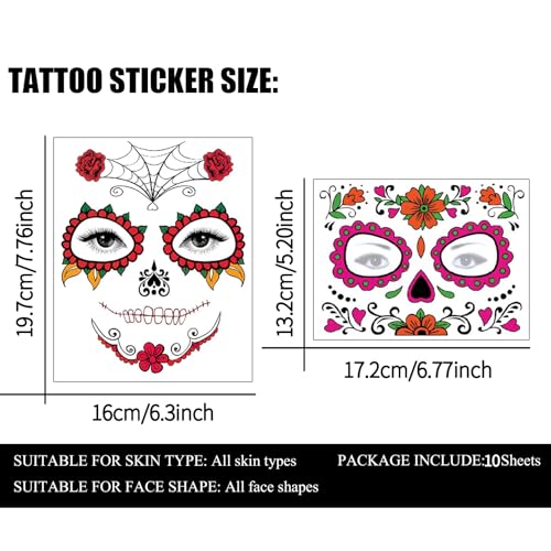 Halloween Temporary Face Tattoos Makeup Kit, Day of the Dead Sugar Skull Floral Black Skeleton Web Red Roses Full Face Mask Stickers Tattoo Families Party Supplies