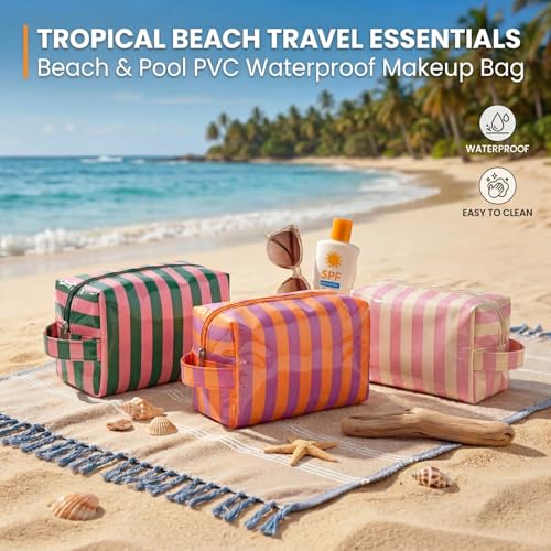 PVC Striped Makeup Bag - Waterproof Cosmetic Organizer