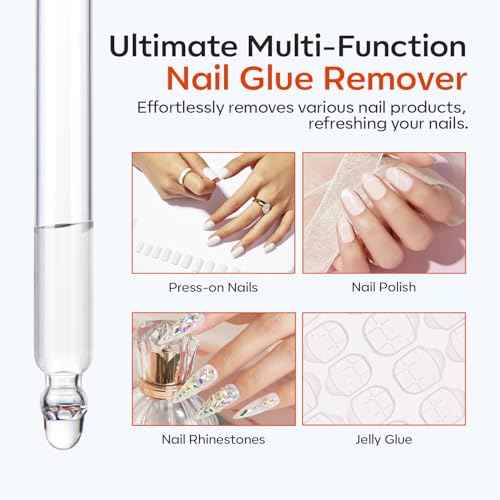 modelones 30ml Nail Glue Remover for Press On Nails, Upgrade Clear Stick On Nails Remover for Acrylic Tips, Nail Polish Remover with Wood Stick