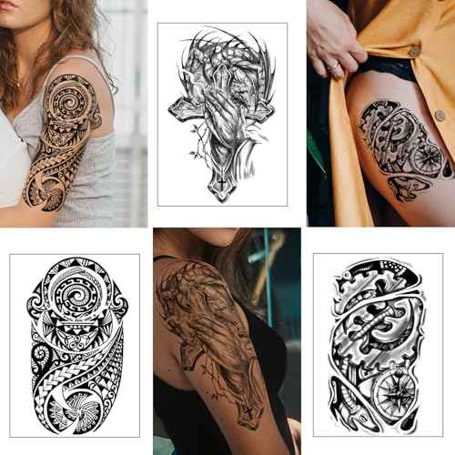 Yazhiji 36 Sheets Temporary Tattoos Stickers, 12 Sheets Fake Body Arm Chest Shoulder Tattoos for Men or Women with 24 Sheets Tiny Black Tattoos