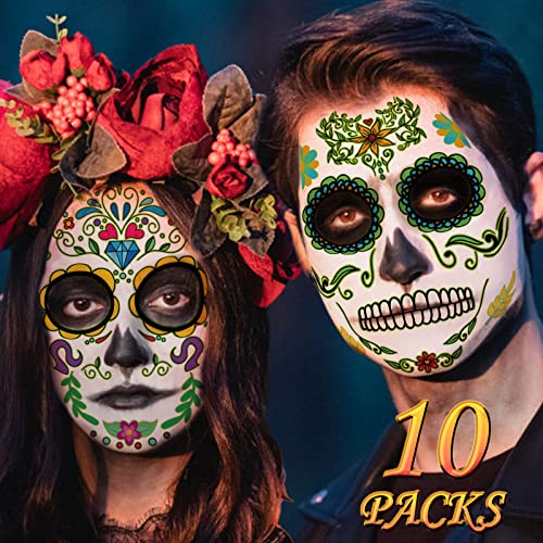 Day of the Dead Face Tattoos, 10 Pack Halloween Temporary Tattoo