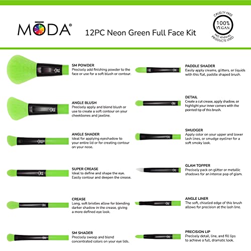 MODA Neon Green 12pc Makeup Brush Set | Face & Eye