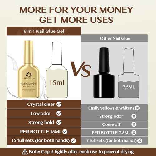 UNA GELLA 6 in 1 Gel Nail Glue for Clear Acrylic Nails Tips, 15ml UV Nail Glue Long Lasting Super Strong Brush for Base Coat, Clear Fake Nails, and Soft Gel Tips Lamp Curing Required