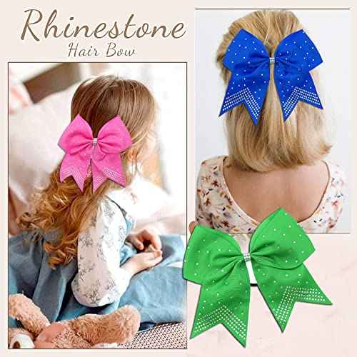 Hipcheer 12PCS 8" Rhinestones Large Cheer Hair Bows for Girls, Hand-made Grosgrain Ribbon Hair Accessories for Teen Girls Softball Cheerleader Sport (Red)