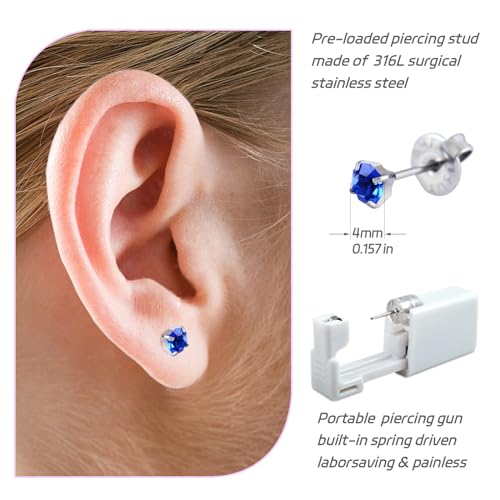 BeiLaiSun 2-Pack Disposable Ear Piercing Gun Kit with 4mm Cubic Zirconia Studs - Safe Home Use, Model 274