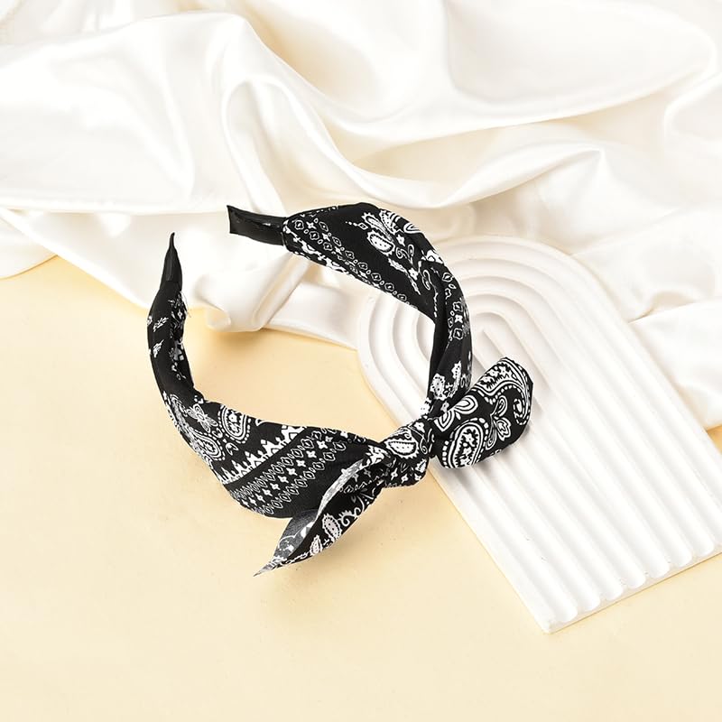 Boho Paisley Bandana Headbands with Knotted Bow and Rabbit Ear Design for Women and Girls - Black Bowknot Hairband Accessories