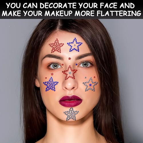 4th of July Self Adhesive Face Gems for Makeup, Red Blue Clear Festival Jewels, Hair Gems, Patriotic Star Rhinestone Stickers for Face, Eye, Makeup, Body (redwhiteblue_6pcs)