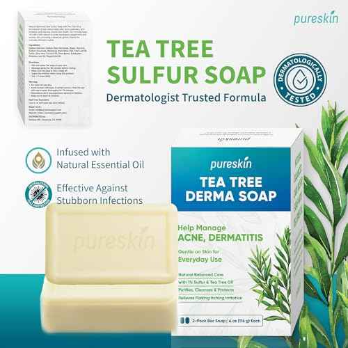Sulfur & Tea Tree Oil Soap Bar for Seborrheic Dermatitis Acne - Deep Cleanse Bar for Oily, Flaky or Blemish-Prone Skin ? Extra Strength Purifying Formula ? 2 Pack