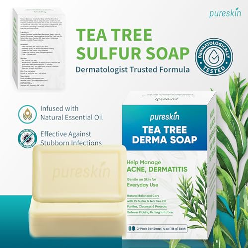 PURESKIN Sulfur & Tea-Tree-Oil Soap Bar: Natural Balanced Cleansing for Oily, Acne Dermatitis-Prone & Irritated Skin ? Helps Reduce Body Odor & Blemishes ? 2 Pack