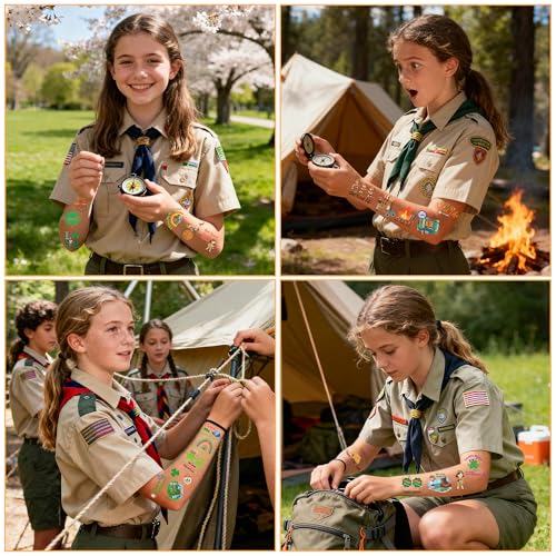 Girl Camping Temporary Tattoos - 200+ Girl Adventure Tattoo Decorations, Scout Party Favors Supplies, Inspirational Stickers for Classroom School Prize (8 Sheets)