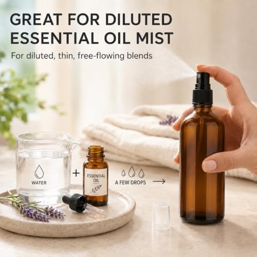 4oz Amber Glass Spray Bottles for Essential Oils - Set of 4 with Extra Nozzles & Labels
