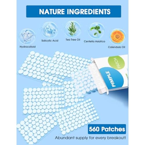 Pimple Patches for Face?Hydrocolloid Acne Patch, 6 Sizes (7/8/10/11/12/14 mm), 560 ct.?Tea Tree, Salicylic Acid & Centella-Invisible Waterproof Spot Dots, Absorb Fluid & Shrinking Zits and Whiteheads