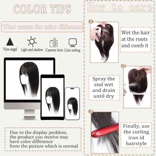 Hair Toppers for Women Real Human Hair,360¡Æ3D Big Basement Cover Topper for Women with Thinning Crown with Wispy Clip in Bangs Realistic Scalp (Dark brown, 3D Wispy Bangs 14INCH)
