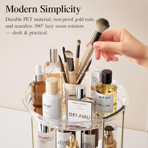 Delamu Rotating Makeup Organizer 2-Tier Vanity Storage with Spin Shelf