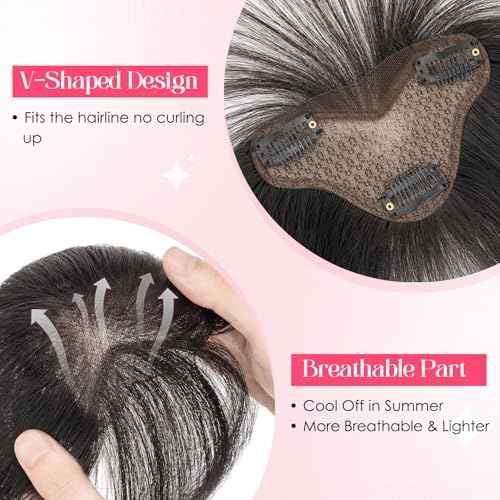 S-noilite Real Human Hair Topper with Bangs 360¡Æ3D Cover Hair Toppers for Women with Wispy Bang Natural Black Clip on Bangs for Daily Wear