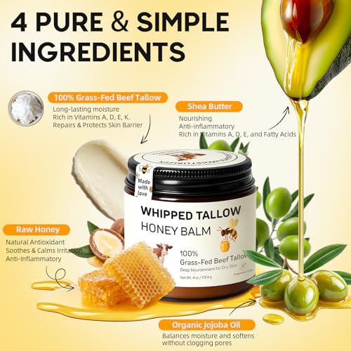 Grass-Fed Beef Tallow Balm with Honey & Jojoba Oil, 4 Oz