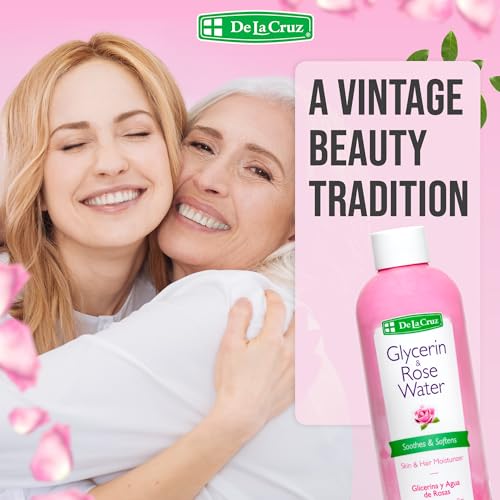De La Cruz Rose Water and Glycerin for Face - Rosewater Facial Toner and Moisturizer for Skin and Hair 8 fl oz. (236 mL) - 1 Bottle