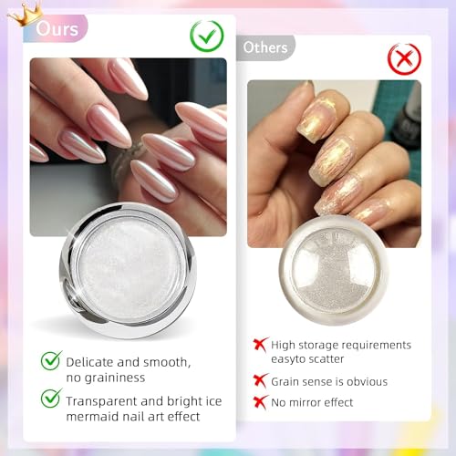 BISHENGYF Pearl Chrome Nail Powder:【Super Mirror Effect】White Pearl Chrome Nail Powder Ice Transparent Aurora Chrome Nail Powder for Nails Art DIY