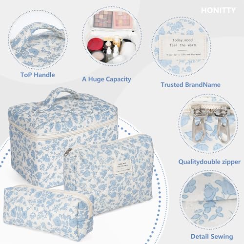 Quilted Floral Makeup Bag Set - 3 Piece Cotton Travel Cosmetic Organizer