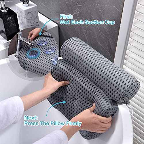 OMYSTYLE Bath Pillow for Tub, Quick Dry & Extra Thick Bathtub Pillow for Head Neck and Back Support, 4D Air Mesh with Powerful Suction Cups, Dark Grey