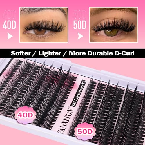 FANXITON DIY Lash Extension Kit Volume Lash Clusters 40D+50D D Curl Individual Lashes Lash Clusters Kit Thick Eyelash Extension Kit 280 pcs Thin Band Cluster Lashes Lash Bond and Seal Lash Tweezers