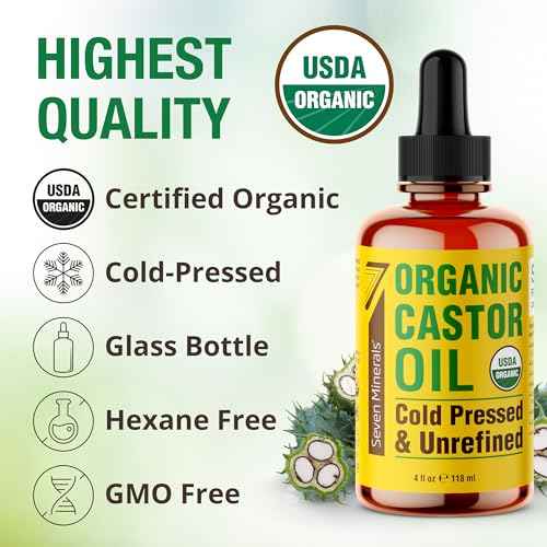 Seven Minerals 4oz Organic Castor Oil for Eyelashes, Eyebrows, Face & Hair Growth - Glass Bottle, Cold Pressed & Hexane Free - 100% Pure - Hydrates & Boosts Natural Hair, Ordinary Lash & Brow Growth