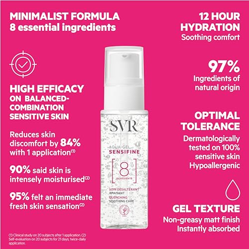 SVR Sensifine Aqua Gel Face Moisturizer with Glycerin, Aloe Vera & Panthenol. Instantly Soothe & Intensely Moisturize Normal to Combination, Sensitive Skin. Fragrance Free, 1.3 Fl.oz.