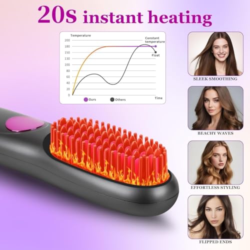 Cordless Hair Straightener Brush with LED Display - 3 Heat Settings