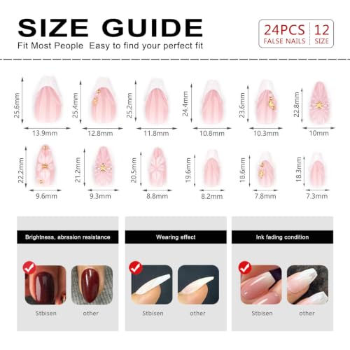 Medium Almond Press On Nails | Nude Pink 3D Floral French Tips