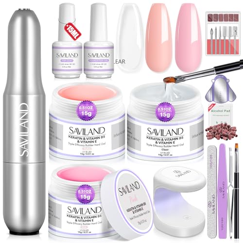 SAVILAND 15-Piece Builder Gel Nail Kit with Drill & Lamp - Clear Pink Nudes, Strong & Long-Lasting Gel Extensions, DIY Nail Art