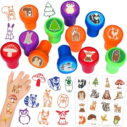 36Pc Woodland Party Favors Set - Temporary Tattoos & Stamps