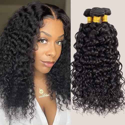 Water Wave Bundles Human Hair (10 12 14 Inch) 100% Unprocessed Brazilian Virgin Human Hair Curly Bundle For Black Women Wet and Wavy Double Weft 3 Bundles Natural Black