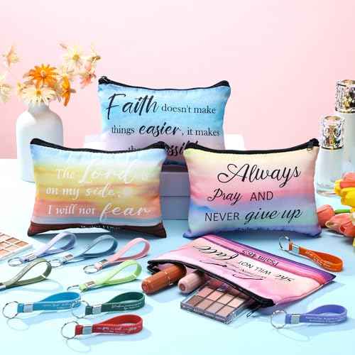Hillban 32 Pcs Canvas Cosmetic Makeup Bag Women Christmas Inspirational Gifts Travel Toiletry Makeup Bag Pouch with Inspirational Keychains for Christmas Women Teacher Appreciation Gift(Landscape)