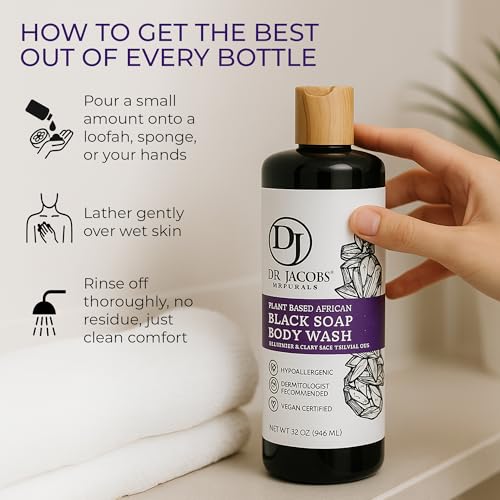 Dr Jacobs Naturals Authentic African Black Liquid Soap with Lavender & Sage Scent All-In-One Face Wash, Sensitive Skin Body Wash, Shampoo, Shaving Soap | Moisturizing and Nourishing Formula 32oz 2pk