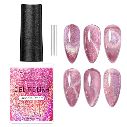 Makartt Cat Eye Gel Nail Polish Universal Rainbow Holographic Gel Polish Cupcake Dream Sparkly Glitter Unique Magnetic Effect Nail Gel for DIY Nail Art UV LED Soak Off Manicure 10ml